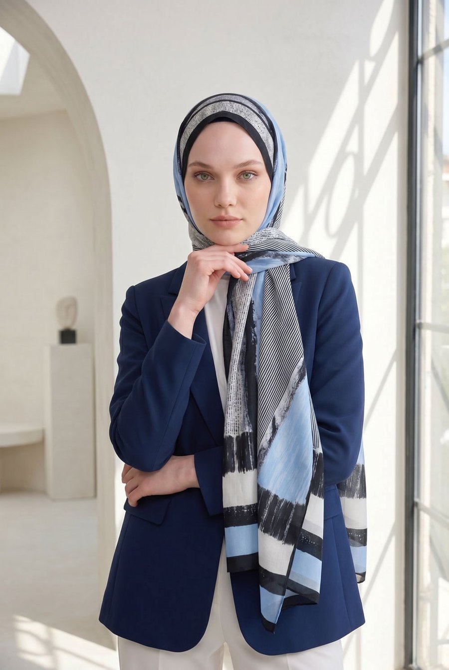 %100 Saf İpek Şal İnce Saten Vual Dokuma Patchwork Desenli Siyah - Bebe Mavisi Renkli 90x210 Şal
