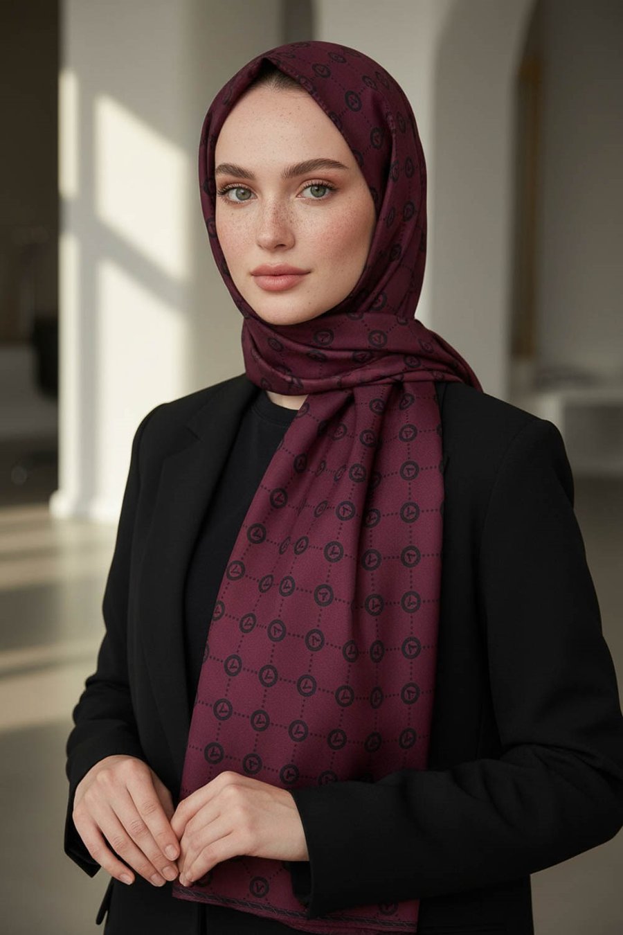 %100 Saf İpek Şal İnce Saten Vual Dokuma V Logo Desenli Bordo 2 Renkli 90x210 Şal