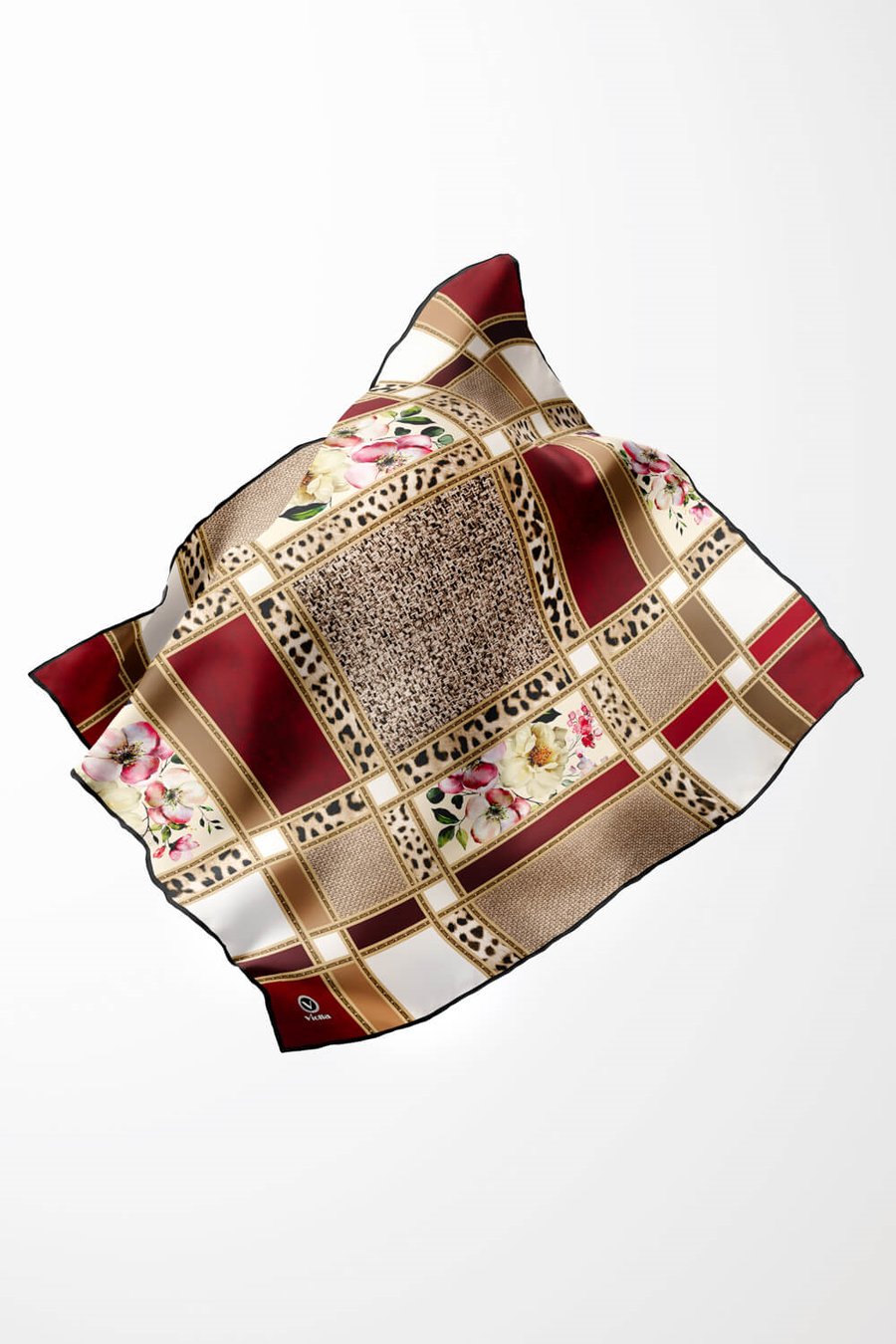 Twill Leopar ve Çiçek Desenli Bordo - Bej Renkli 90x90 Eşarp (İpek İçermez) Dikim Şekli : El Dikişi
