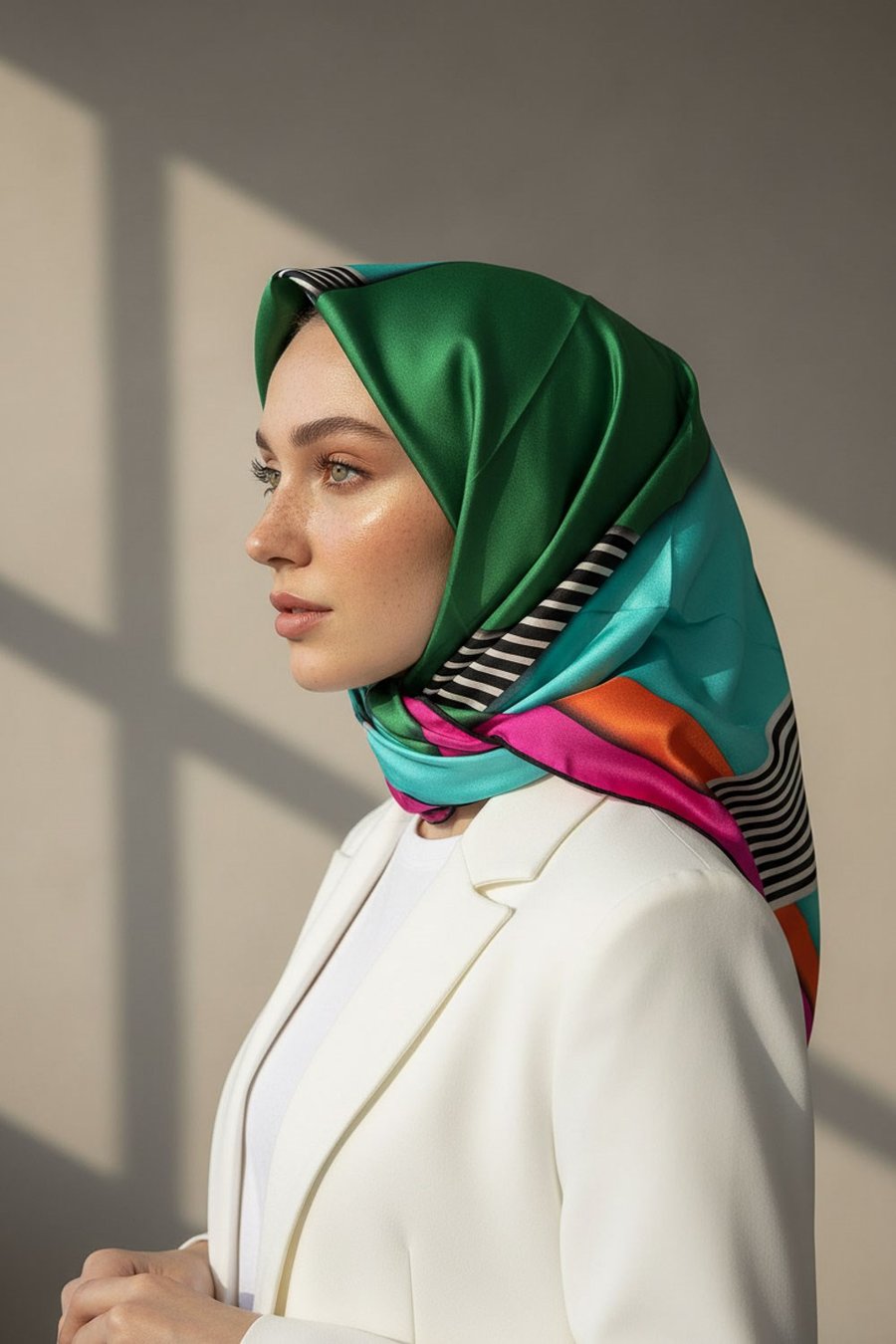 %100 Twill İpek Çizgili ve Geometrik Desenli Zümrüt Yeşili - Fuşya Renkli 90x90 Eşarp Dikim Şekli : El Dikişi