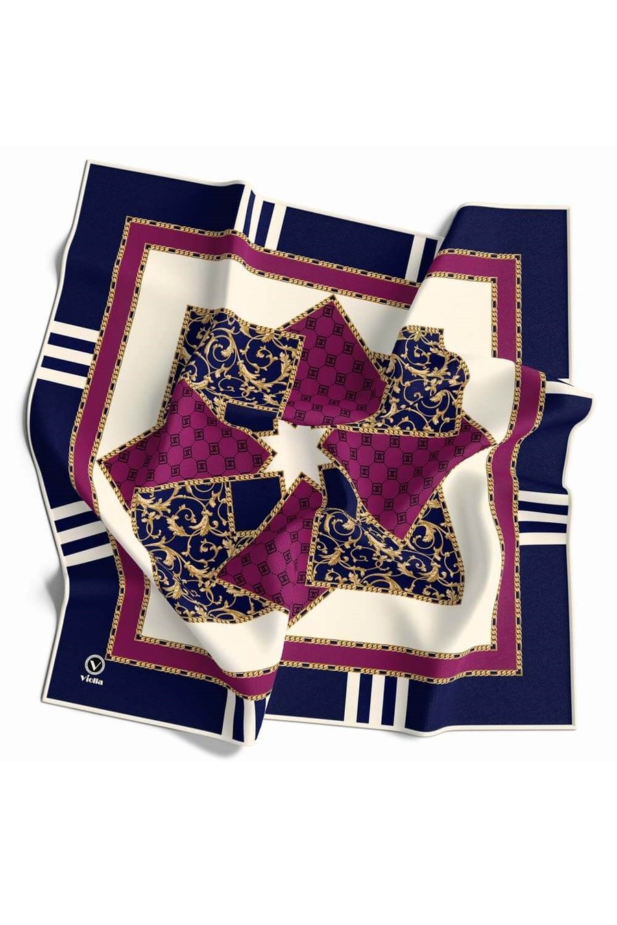 Kristal Ekoseli Gold Desenli Lacivert - Mürdüm Renkli 90x90 Eşarp (İpek İçermez) Kenar Dikiş Şekli El Dikişli