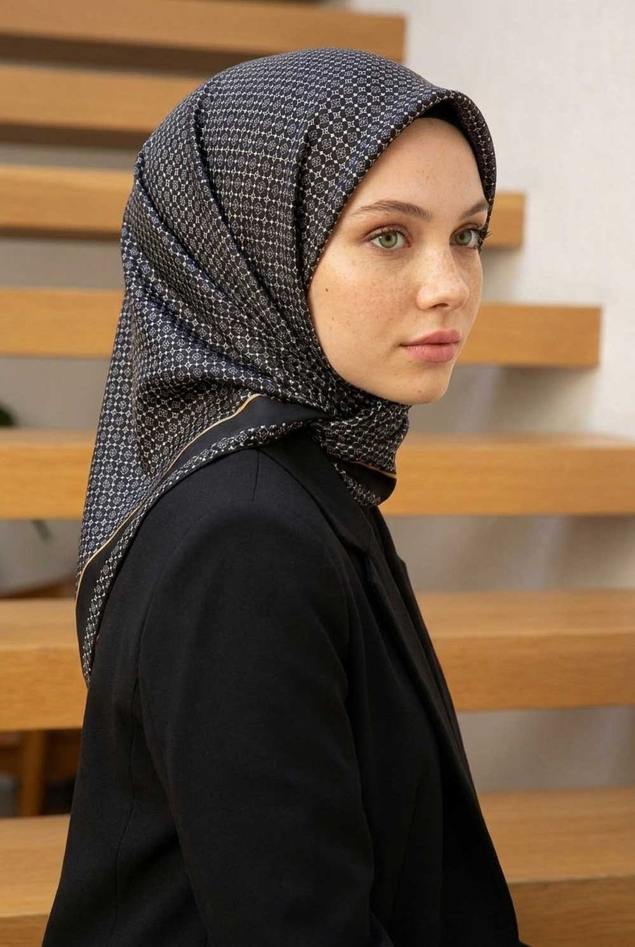 %100 Twill İpek Minik Motif Desenli Siyah - Siyah Renkli 90x90 Eşarp Dikim Şekli : El Dikişi