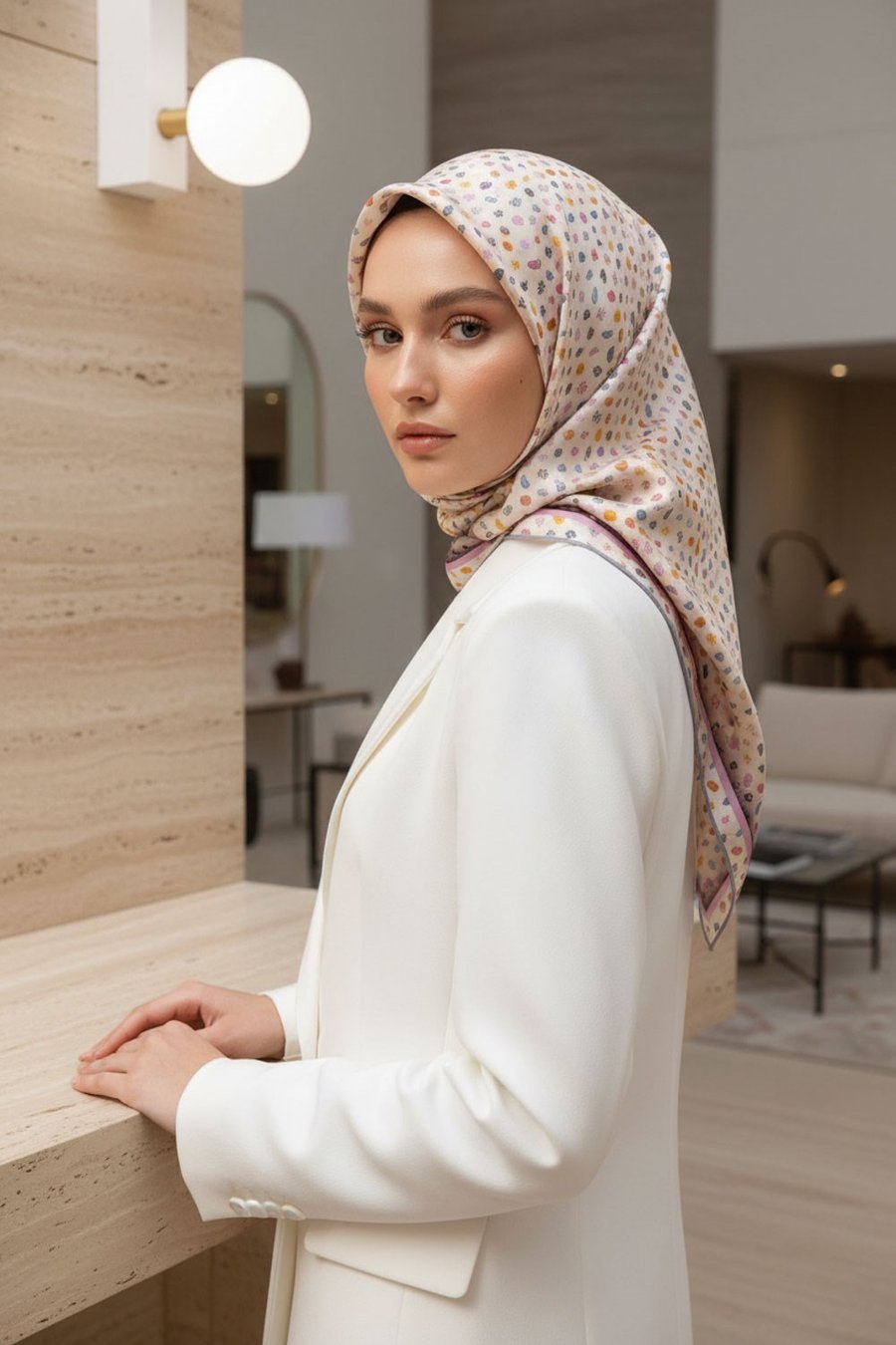 %100 Twill İpek Çıtır Desenli Krem - Pembe Renkli 90x90 Eşarp Dikim Şekli : El Dikişi