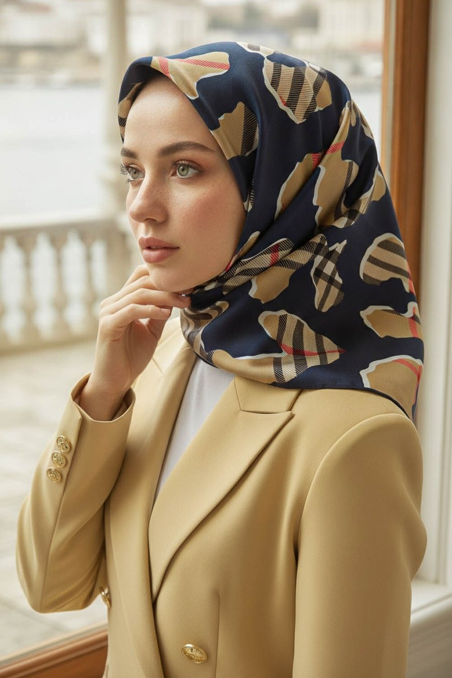 %100 Twill İpek Leopar Desenli Lacivert - Bej Renkli 90x90 Eşarp Dikim Şekli : El Dikişi