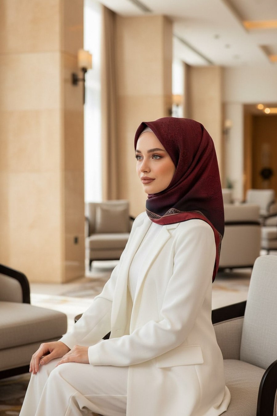 %100 Twill Barok Desenli Bordo Renkli 90x90 Eşarp Dikim Şekli: El Dikişi