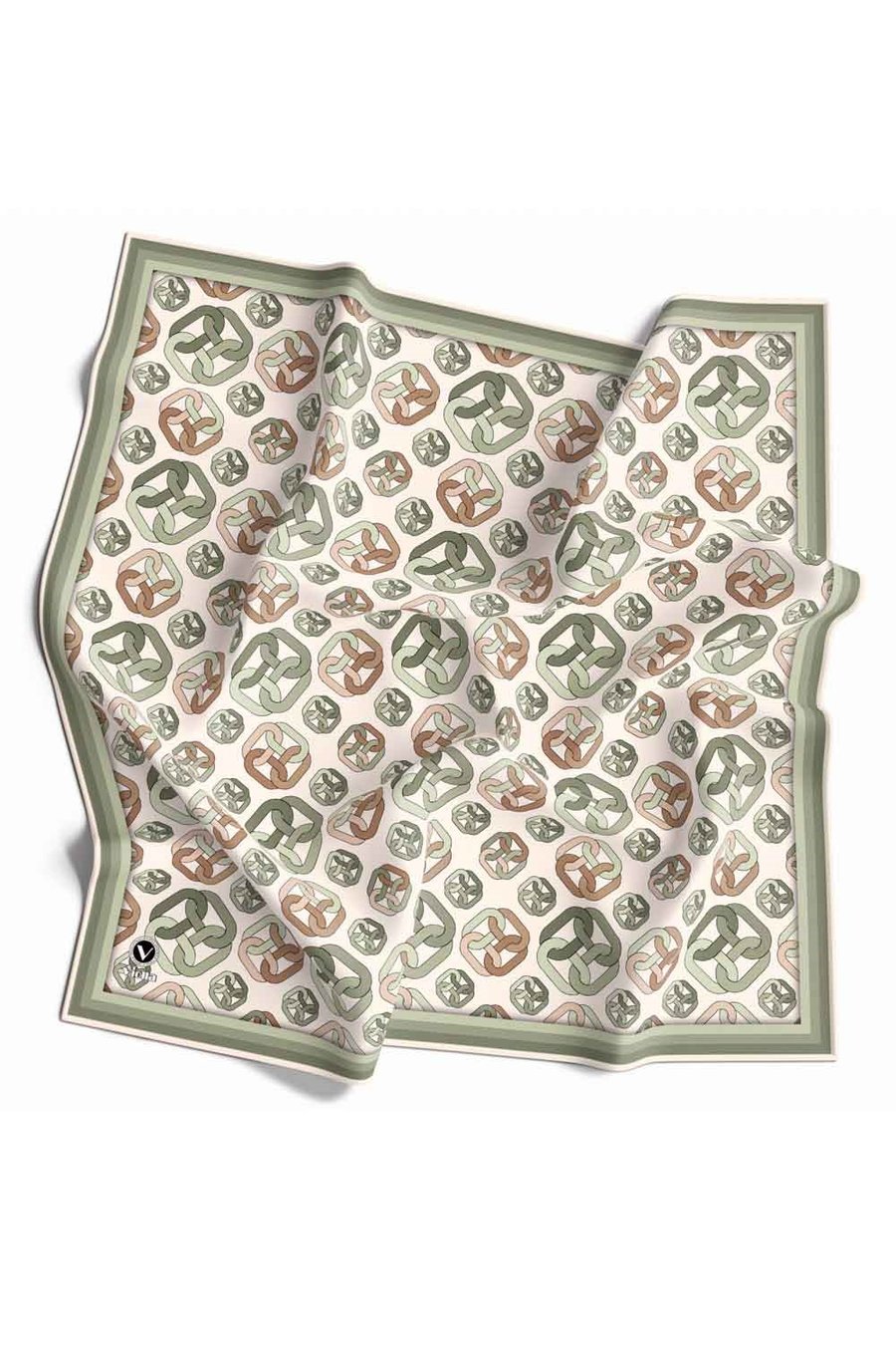 Kristal Zincir Motif Desenli Haki Renkli 90x90 Eşarp (İpek İçermez) Kenar Dikiş Şekli El Dikişli