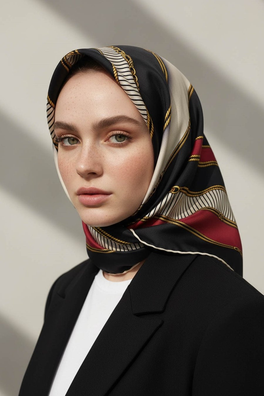 %100 Twill İpek Zincir Detaylı Geometrik Desenli Bordo - Siyah Renkli 90x90 Eşarp Dikim Şekli : El Dikişi