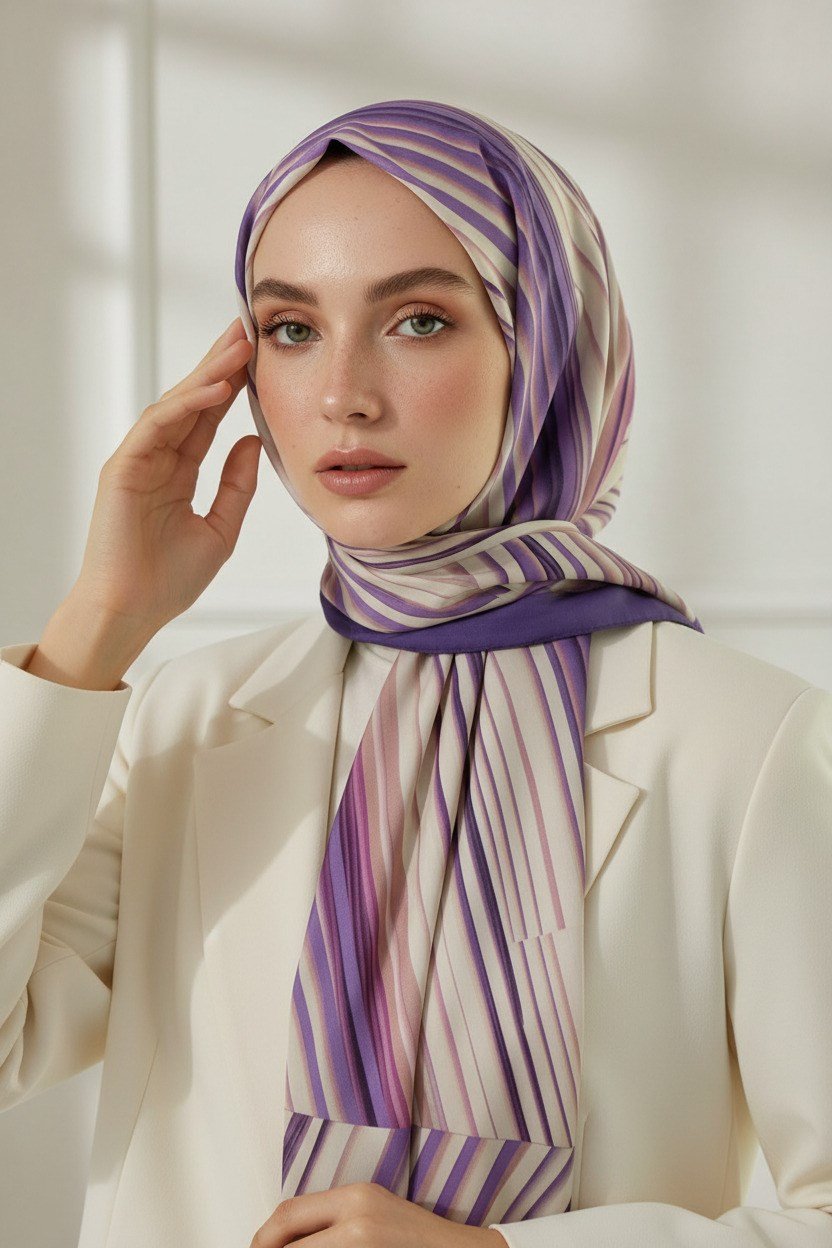 KREP ÇİZGİLİ DESENLİ LİLA RENKLİ 75X195 KIRIŞMAZ ŞAL