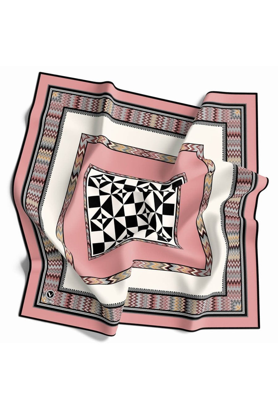 Kristal Geometrik Desenli Pudra - Krem Renkli 90x90 Dikim Şekli : El Dikişi Eşarp (İpek İçermez)