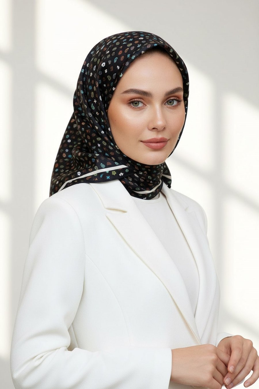 %100 Twill İpek Çıtır Desenli Siyah Renkli 90x90 Eşarp Dikim Şekli : El Dikişi