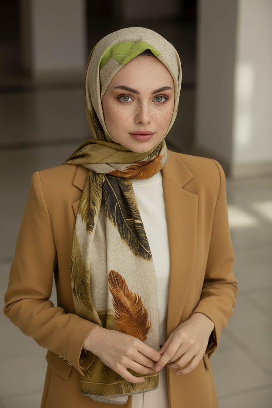 KREP YAPRAK DESENLİ BEJ RENKLİ 75X195 KIRIŞMAZ ŞAL
