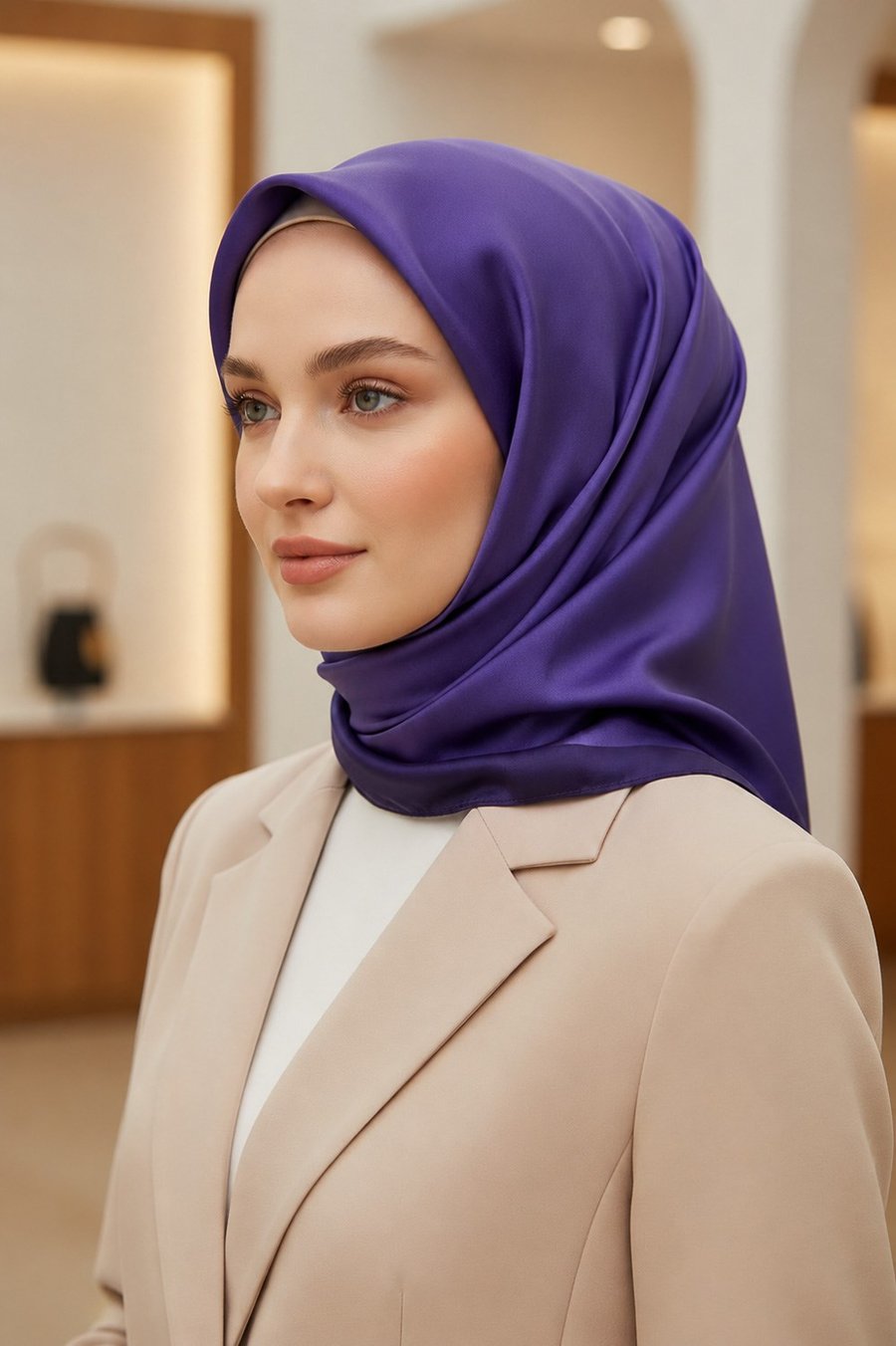 % 57 İPEK % 43 VİSKON Twill İpek Degrade Desenli Mor Renkli 90x90 Eşarp Dikim Şekli : El Dikişi