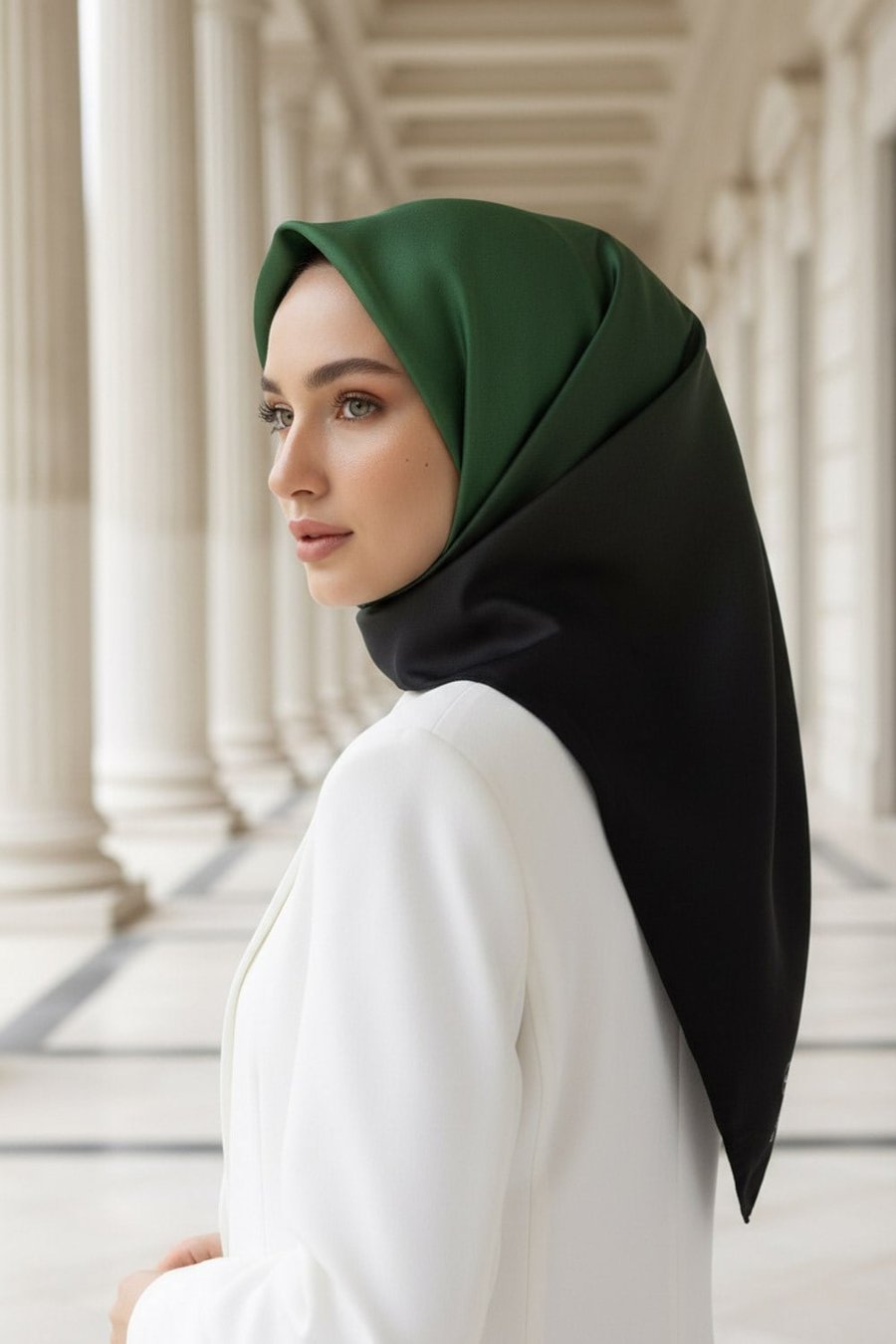 %100 Twill İpek Degrade Desenli Zümrüt Yeşili Renkli 90x90 Eşarp Dikim Şekli : El Dikişi