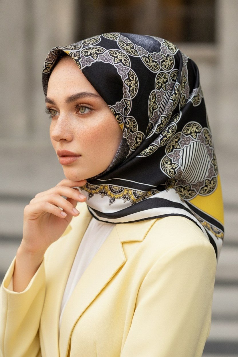%100 Twill Türk Motifi  Desenli Siyah - Limon Sarısı Renkli 90x90 Eşarp Dikim Şekli: El Dikişi
