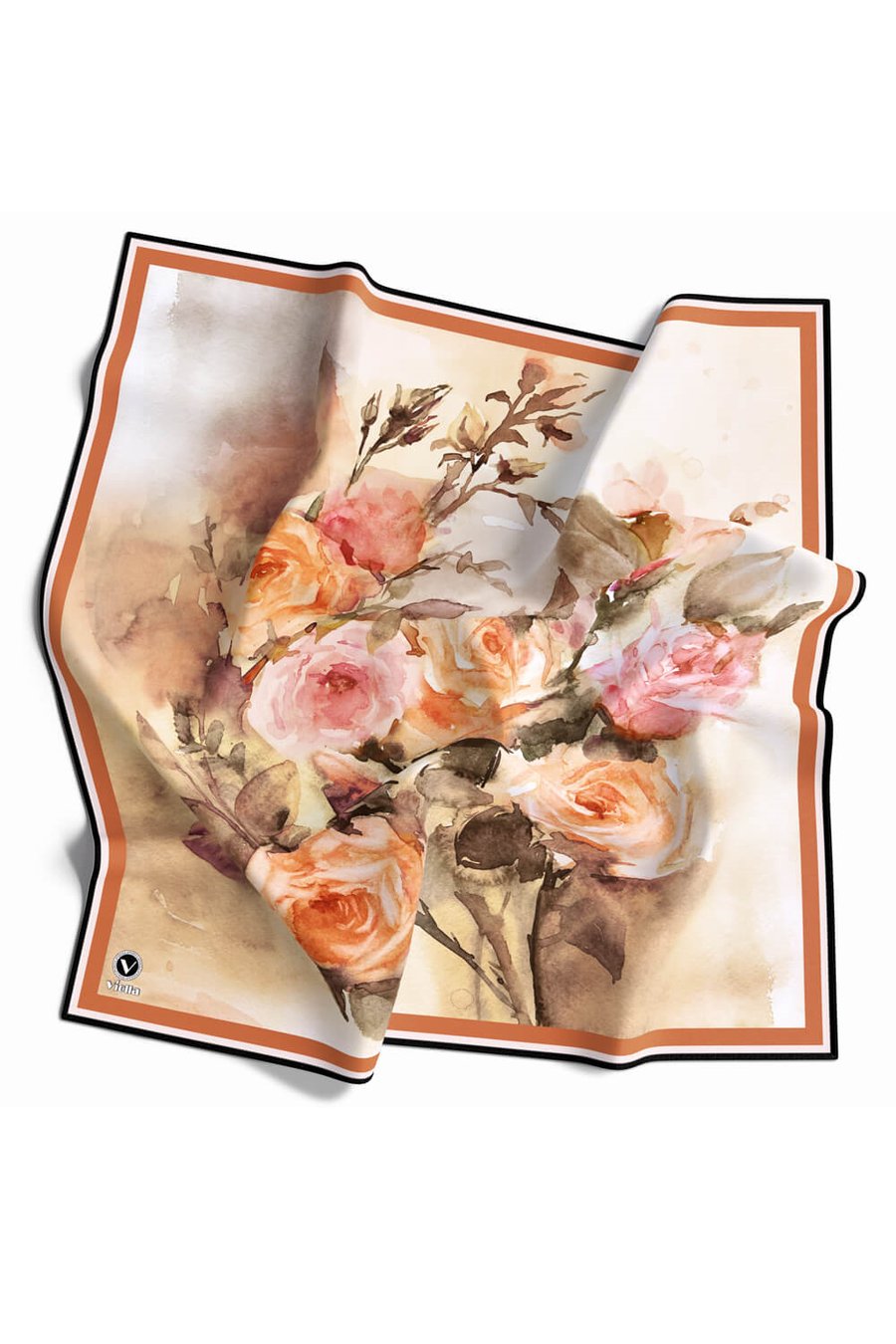 Rayon Çiçek Desenli Taba Renkli 90x90 Eşarp (İpek İçermez) Kenar Dikiş Şekli El Dikişli