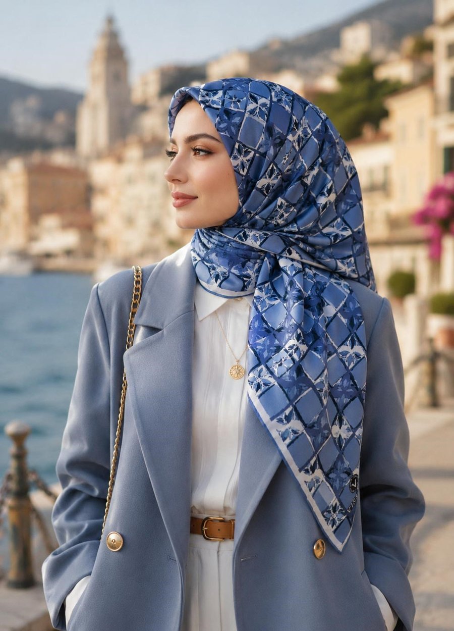 %100 Twill İpek Geometrik Desenli İndigo - Lacivert Renkli 90x90 Eşarp Dikim Şekli : El Dikişi