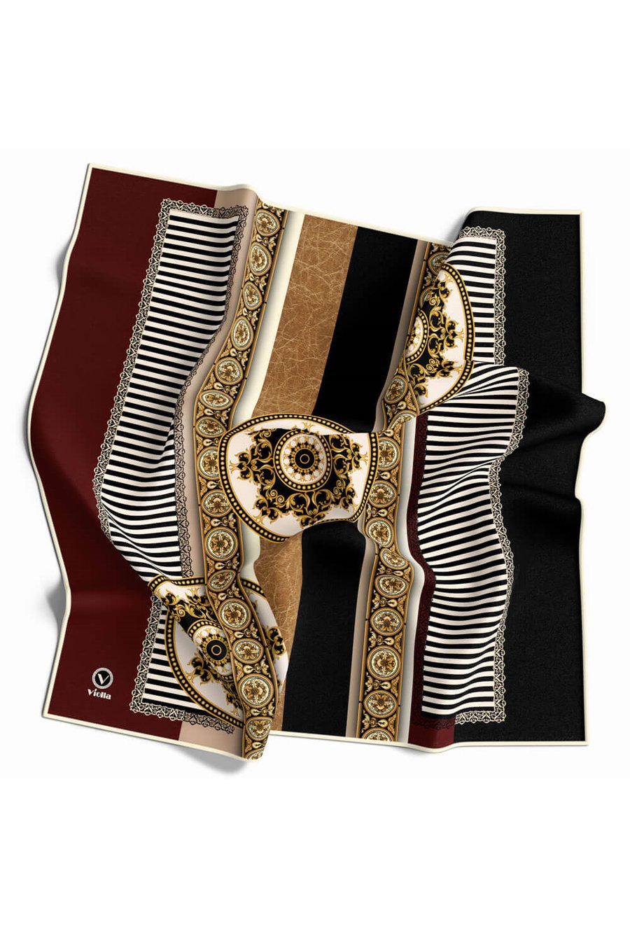 Twill Çizgili ve Barok Desenli Bordo Renkli 90x90 Eşarp (İpek İçermez) Kenar Dikiş Şekli El Dikişli