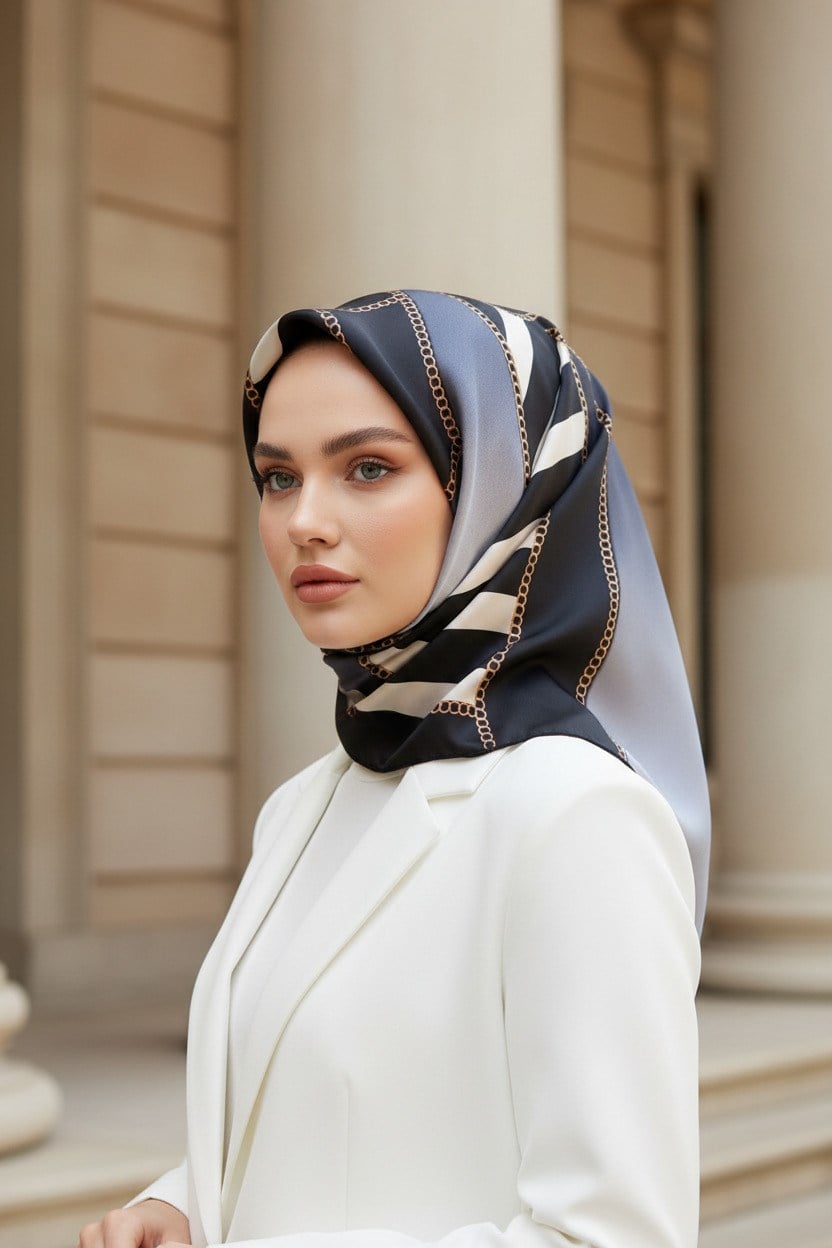 %100 Twill İpek Zincirli Çizgi Desenli Siyah - Gri Renkli 90x90 Eşarp Dikim Şekli : El Dikişi