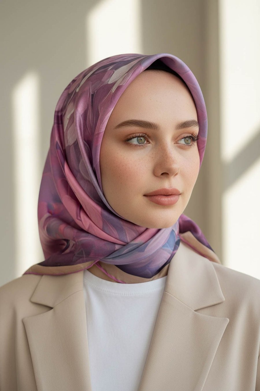 %100 Twill İpek Dumanlı Çiçek Desenli Pembe Renkli 90x90 Eşarp Kenar Dikiş Şekli El Dikişli