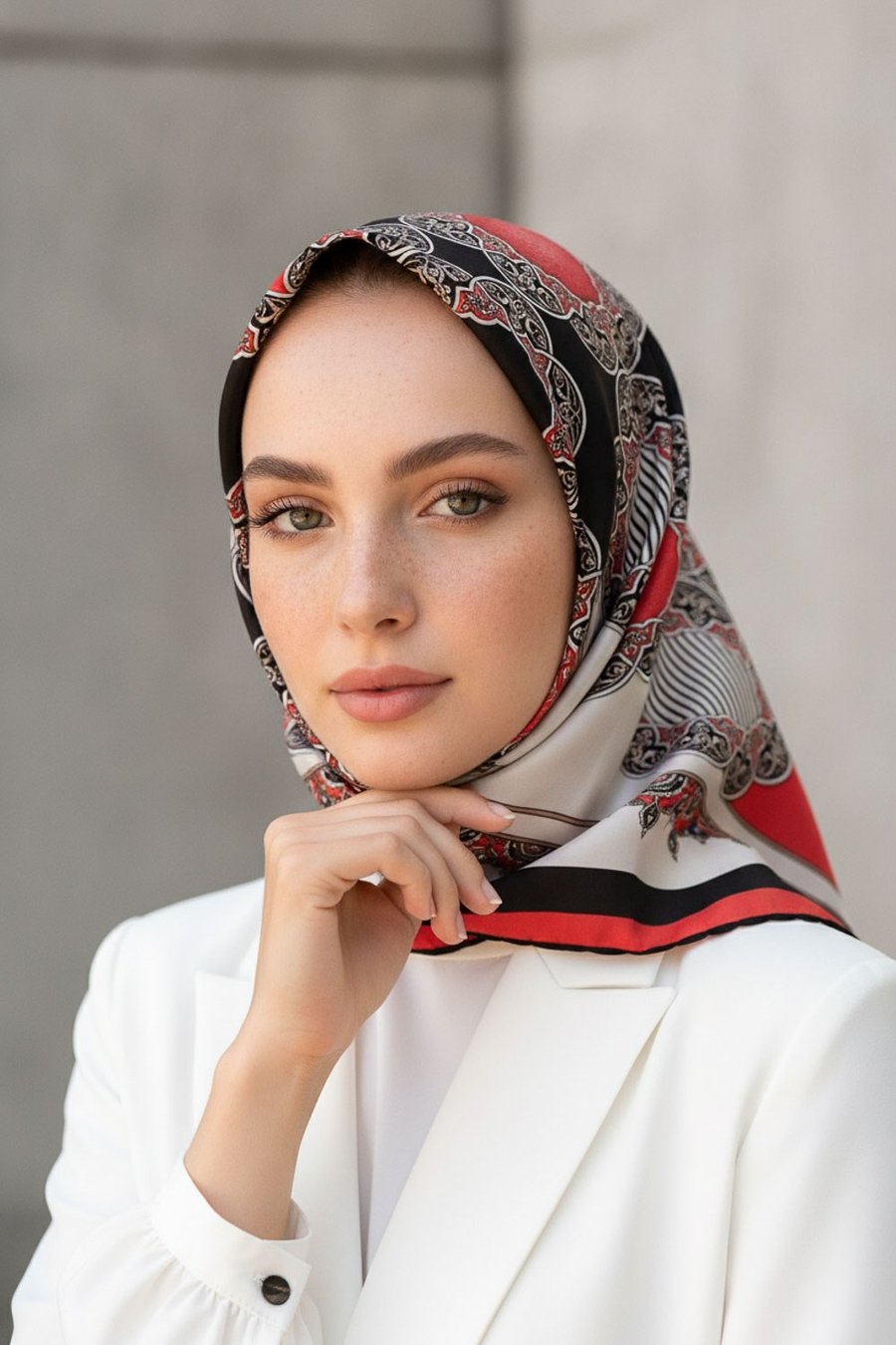 %100 Twill Türk Motifi  Desenli Siyah - Nar Çiçeği Renkli 90x90 Eşarp Dikim Şekli: El Dikişi