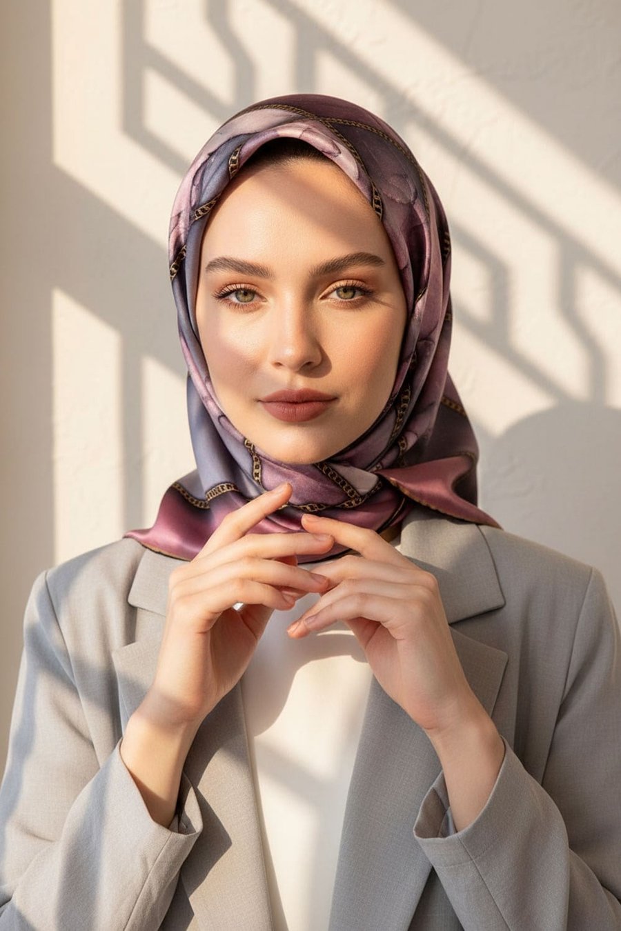 %100 Twill İpek Efektli Bant Desenli Lila - Gri Renkli 90x90 Eşarp Dikim Şekli : El Dikişi