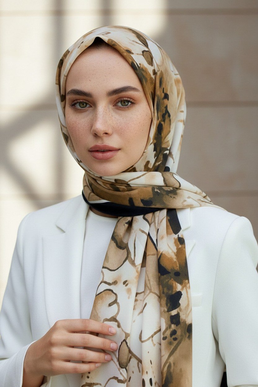KREP SULU BOYA YAPRAK DESENLİ BEJ RENKLİ 75X195 KIRIŞMAZ ŞAL