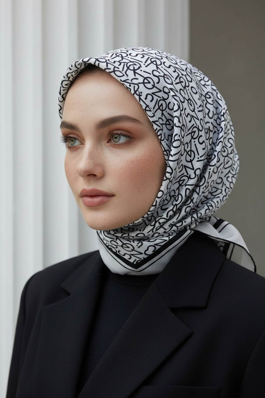 %100 Twill İpek Harf Desenli Krem - Siyah Renkli 90x90 Eşarp Dikim Şekli : El Dikişi