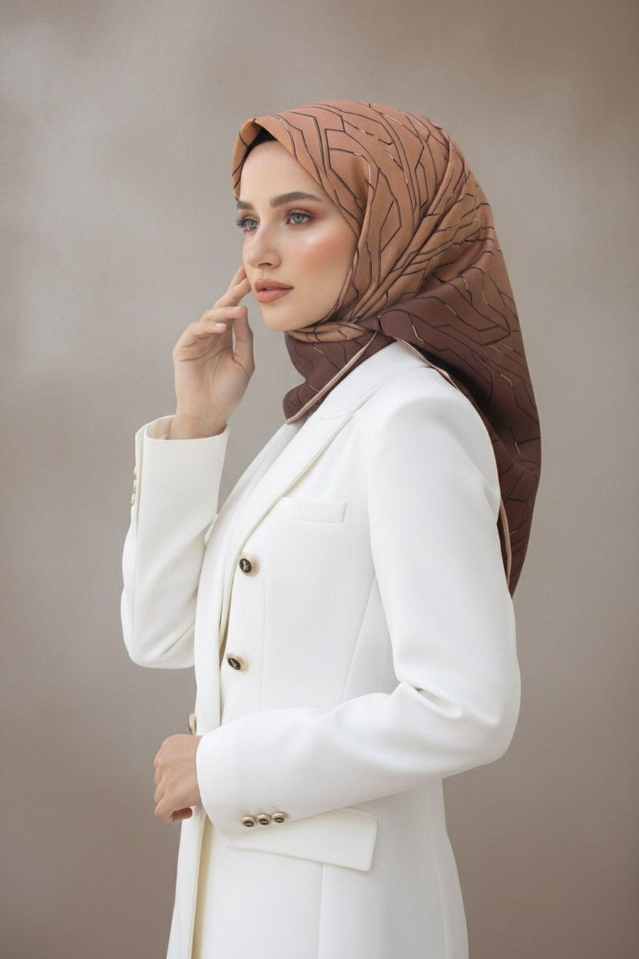 % 57 İPEK % 43 VİSKON Twill İpek Geometrik Desenli Bakır Renkli 90x90 Eşarp Dikim Şekli : El Dikişi