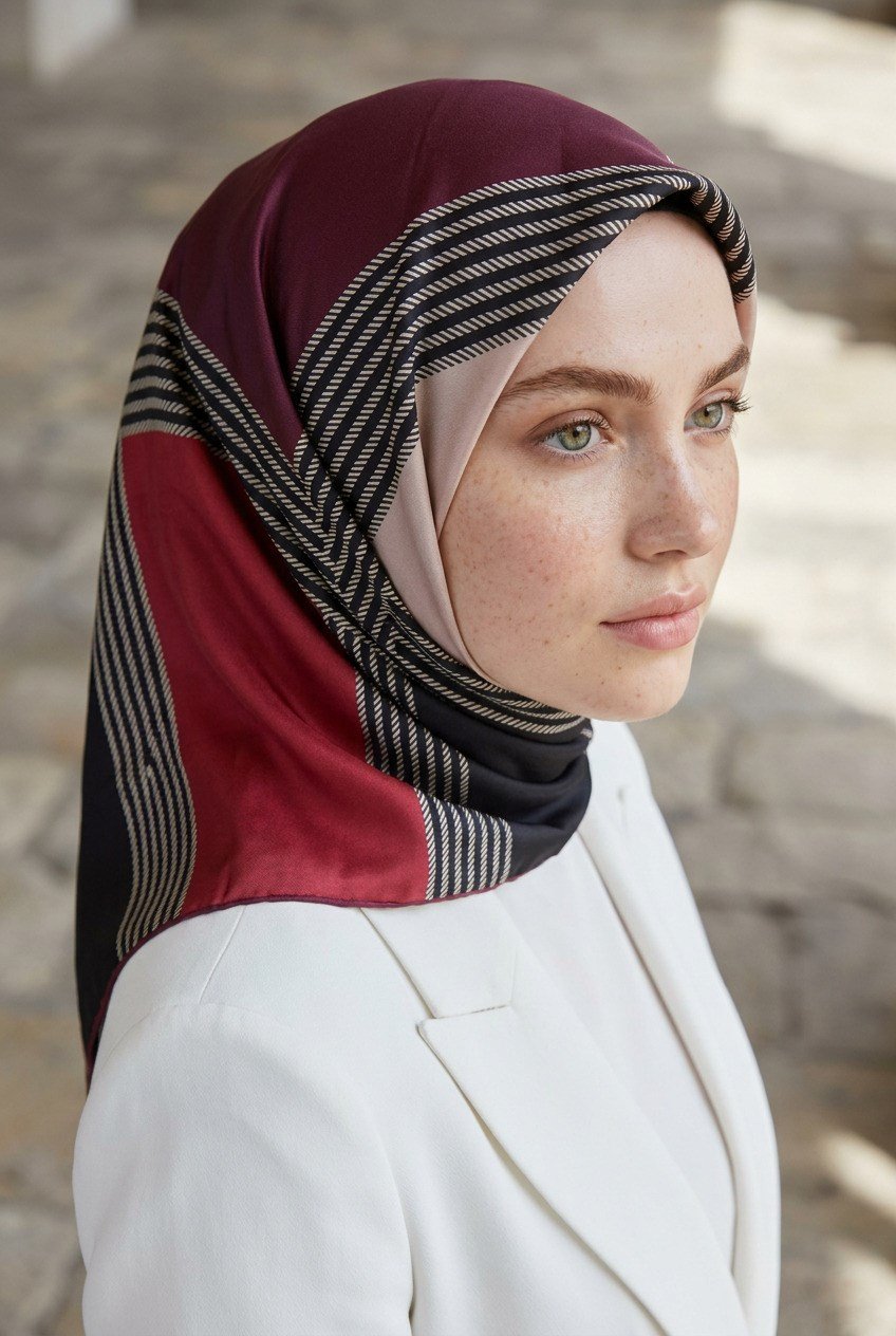 % 57 İPEK % 43 VİSKON Twill İpek Geometrik Desenli Bordo Renkli 90x90 Eşarp Dikim Şekli : El Dikişi