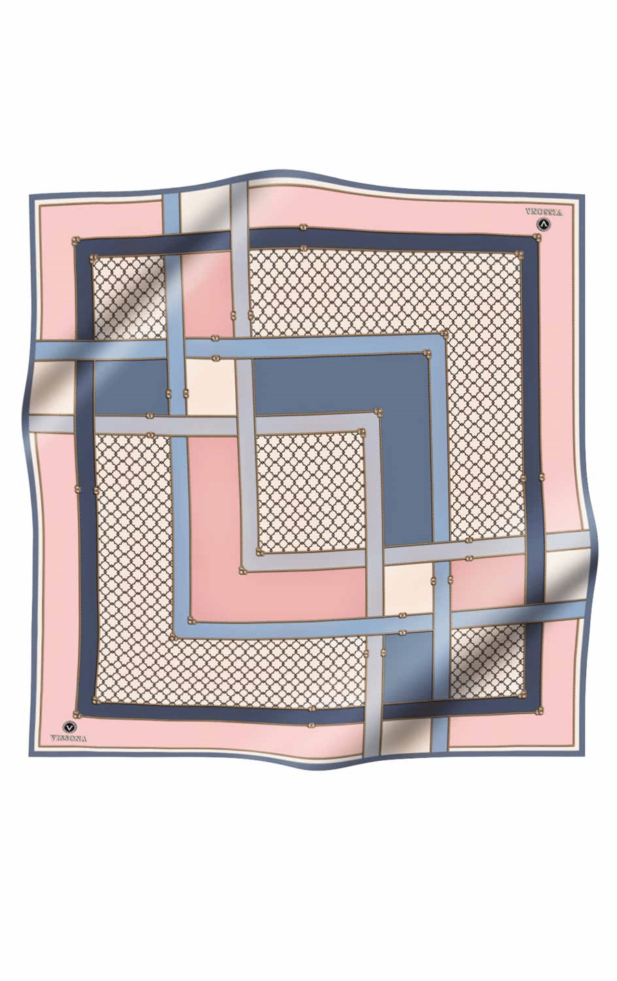 %100 Twill İpek Geometrik Desenli Pudra - Bebe Mavisi Renkli 90x90 Eşarp Dikim Şekli : El Dikişi