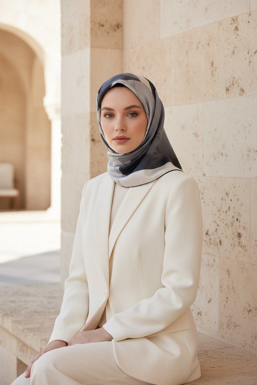%100 Twill İpek Geometrik Desenli Gri - Gümüş Renkli 90x90 Eşarp Dikim Şekli : El Dikişi