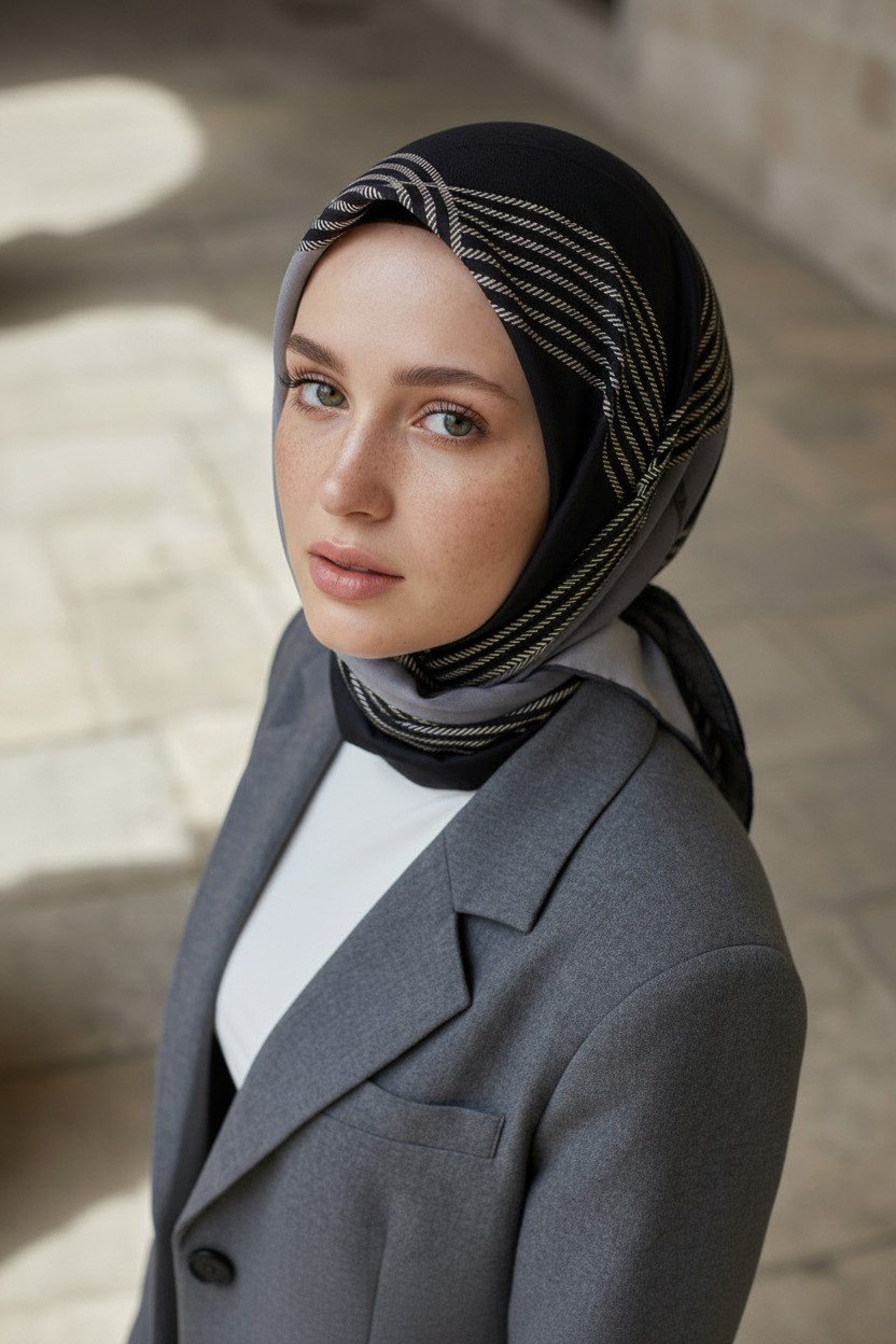 %100 Twill İpek Geometrik Desenli Gri Renkli 90x90 Eşarp Dikim Şekli : El Dikişi