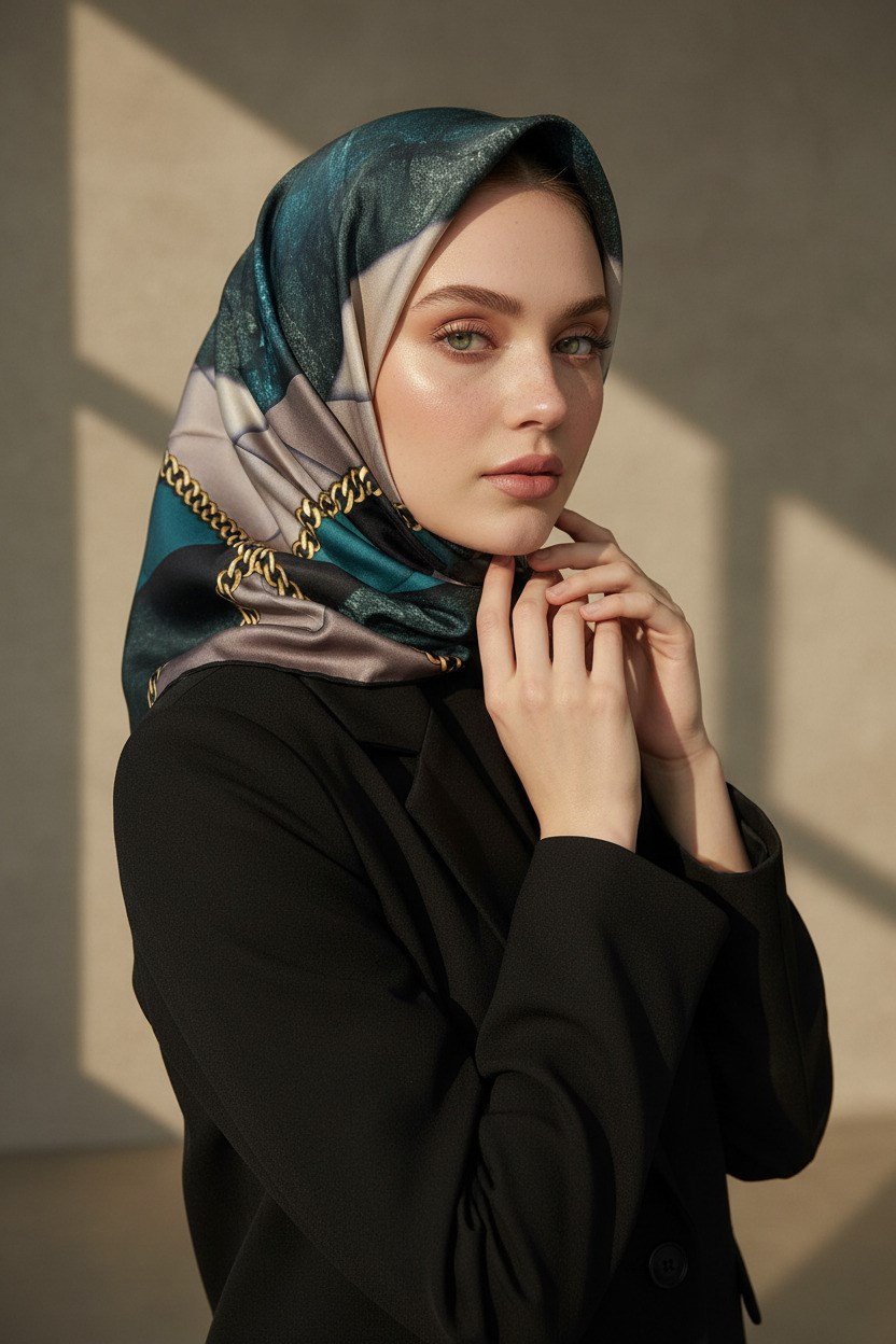 %100 Twill İpek Taş Efekti Desenli Petrol Mavisi - Siyah Renkli 90x90 Eşarp Dikim Şekli : El Dikişi