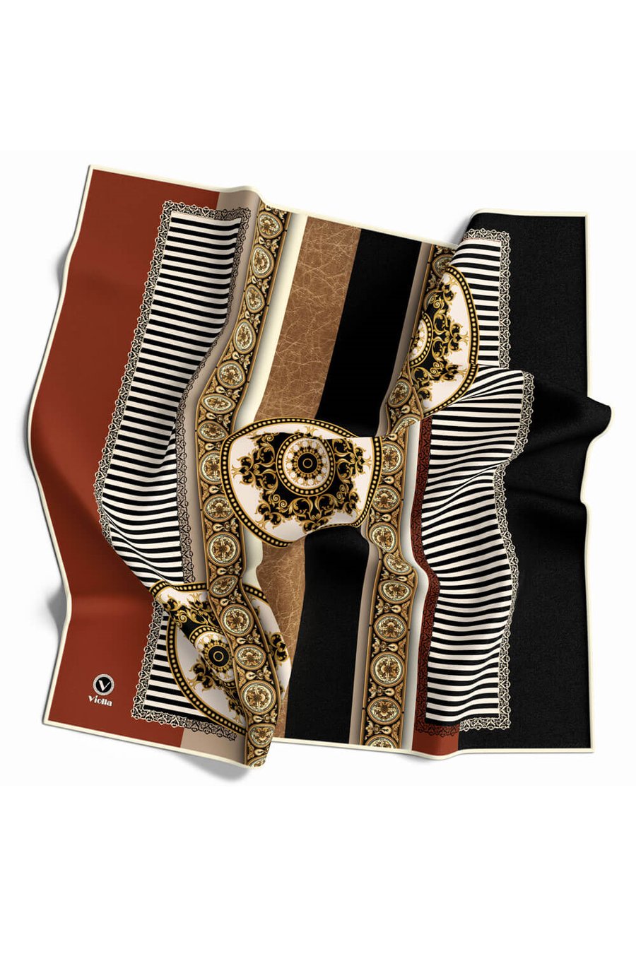 Twill Çizgili ve Barok Desenli Taba Renkli 90x90 Eşarp (İpek İçermez) Kenar Dikiş Şekli El Dikişli