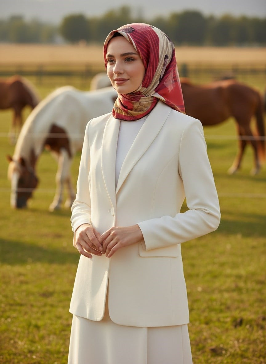 %100 Twill İpek Geometrik Desenli Bordo Renkli 90x90 Eşarp Dikim Şekli : El Dikişi