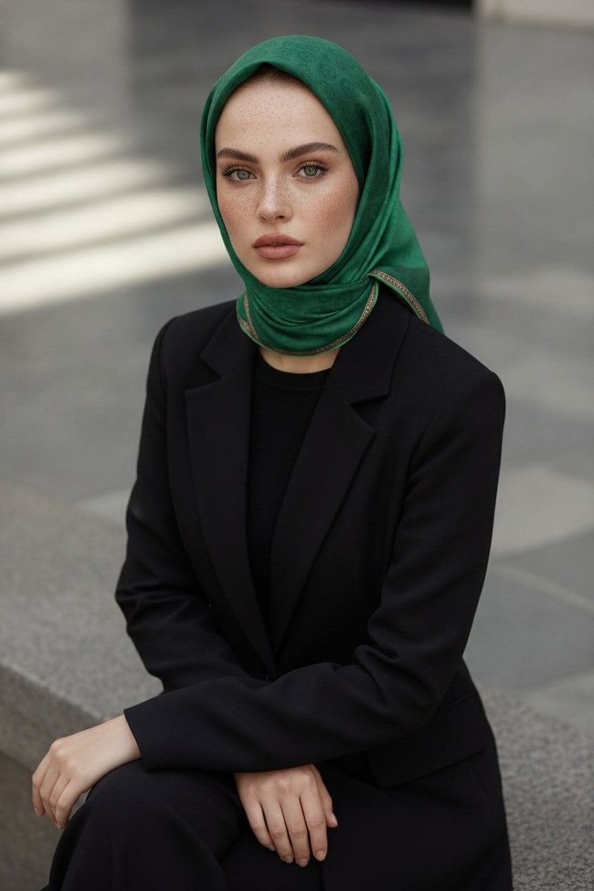 %100 Twill İpek Monogram Desenli Zümrüt Yeşili Renkli 90x90 Eşarp Dikim Şekli : El Dikişi