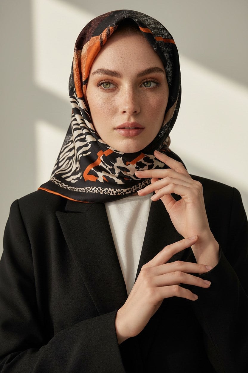 %100 Twill İpek Ekoseli Ve Leopar Desenli Siyah - Taba Renkli 90x90 Eşarp Dikim Şekli : El Dikişi
