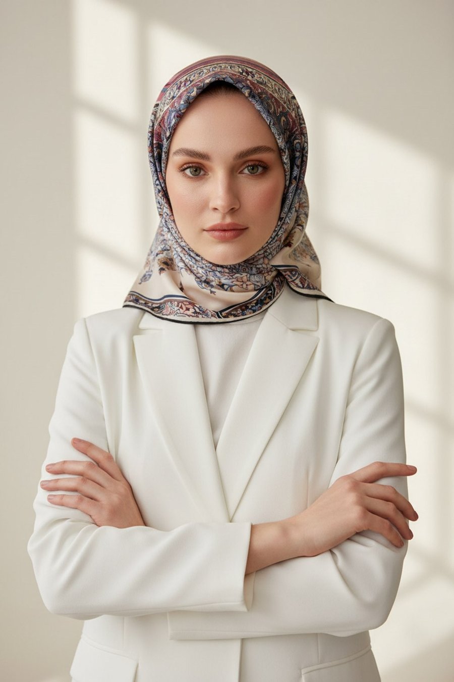 %100 Twill İpek Şal Desenli Pudra Renkli 90x90 Eşarp Dikim Şekli : El Dikişi