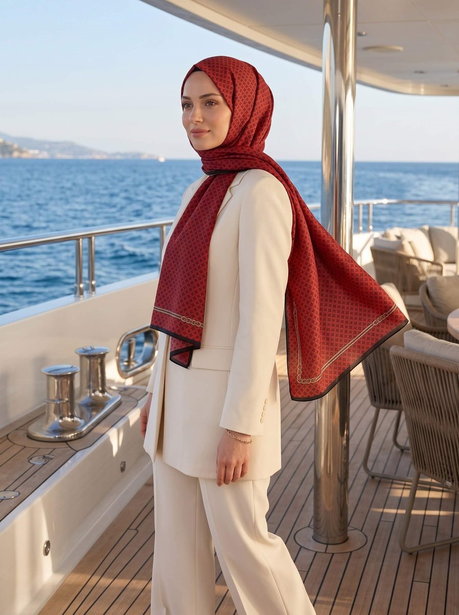 %100 Saf İpek Şal İnce Saten Vual Dokuma Zincir Desenli Kırmızı - Siyah Renkli 90x210 Şal