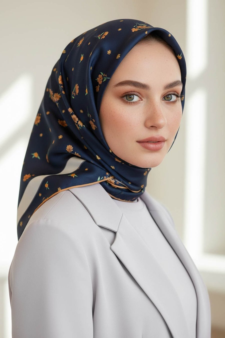 100% Twill İpek Bordürlü Çıtır Çiçek Desenli Lacivert - Gold Renkli 90x90 Dikim Şekli : El Dikişi Eşarp