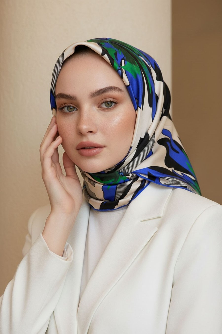 %100 Twill İpek Çiçek Desenli Krem - Saks Renkli 90x90 Eşarp Dikim Şekli : El Dikişi