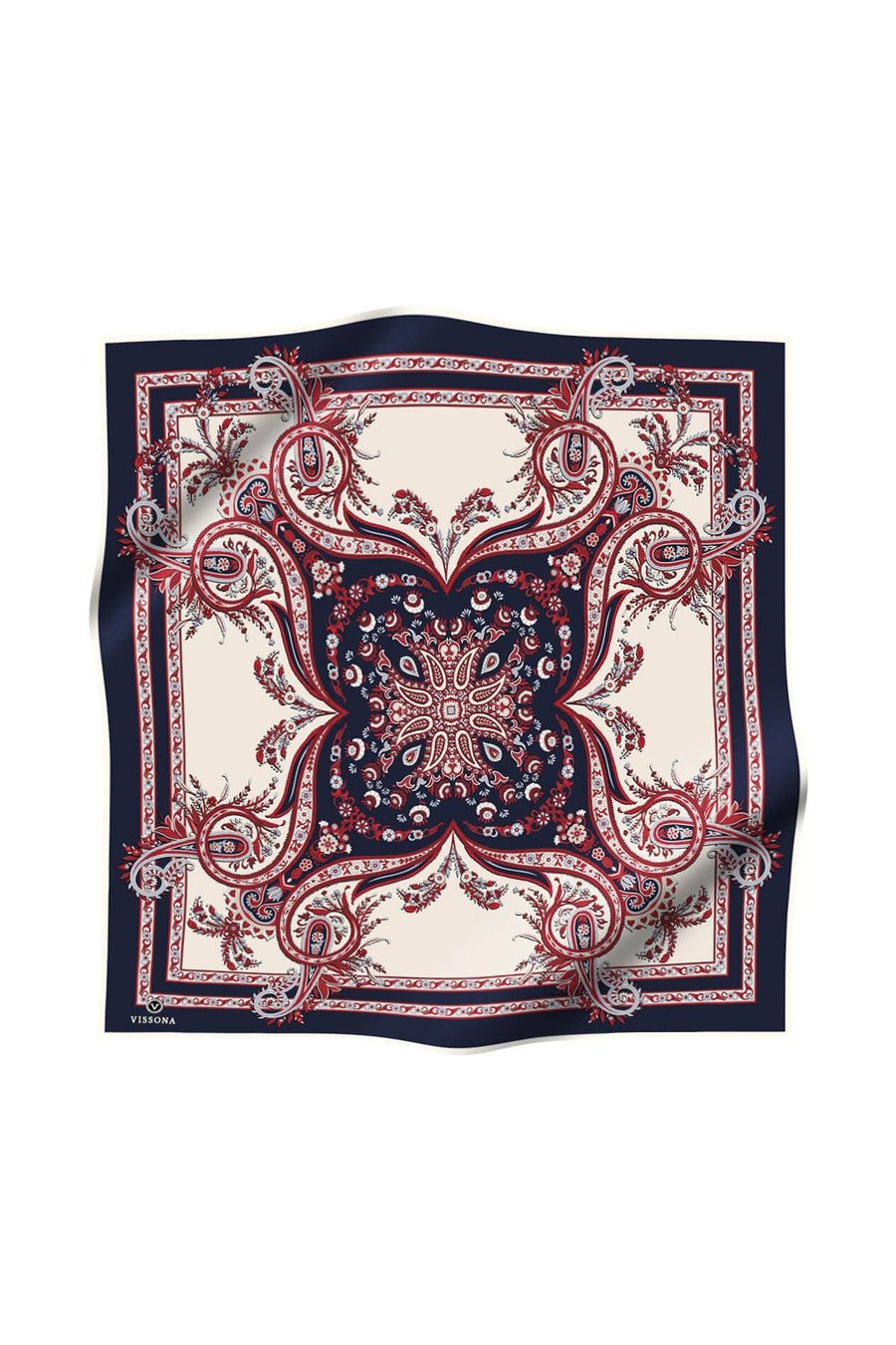 % 57 İPEK % 43 VİSKON Twill İpek Şal Motif Desenli Lacivert - Kırmızı Renkli 90x90 Eşarp Dikim Şekli : El Dikişi