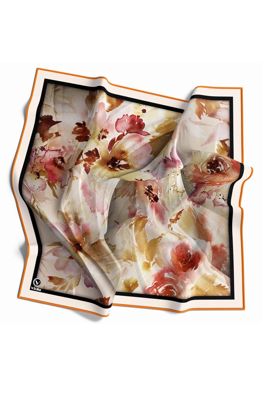 Rayon Sulu Boyalı Çiçek Desenli Taba Renkli 90x90 Eşarp (İpek İçermez) Kenar Dikiş Şekli El Dikişli