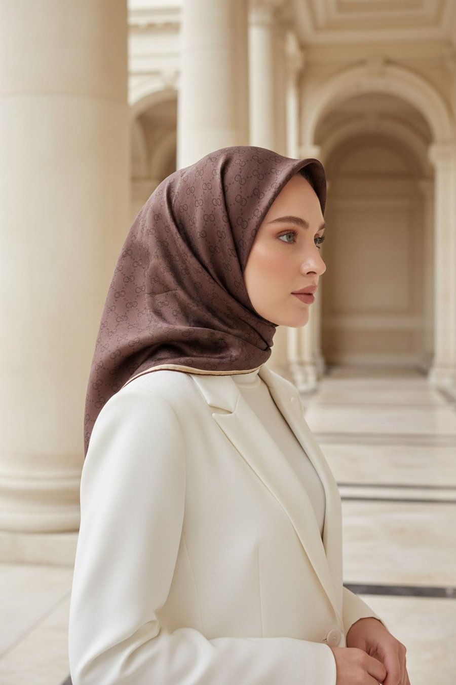 %100 Twill İpek Geometrik Desenli Kahverengi Renkli 90x90 Eşarp Dikim Şekli : El Dikişi