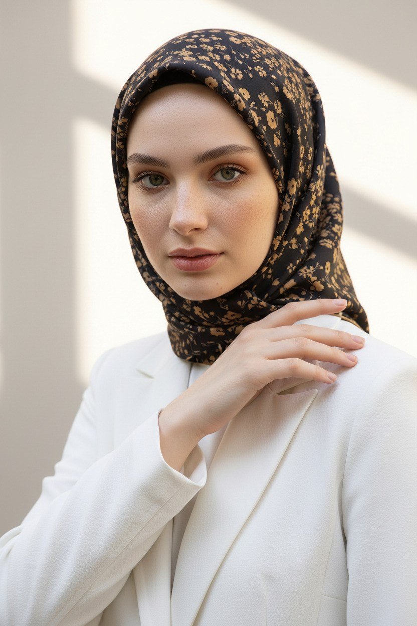 %100 Twill İpek Çıtır Çiçek Desenli Siyah - Gold Renkli 90x90 Eşarp Dikim Şekli : El Dikişi