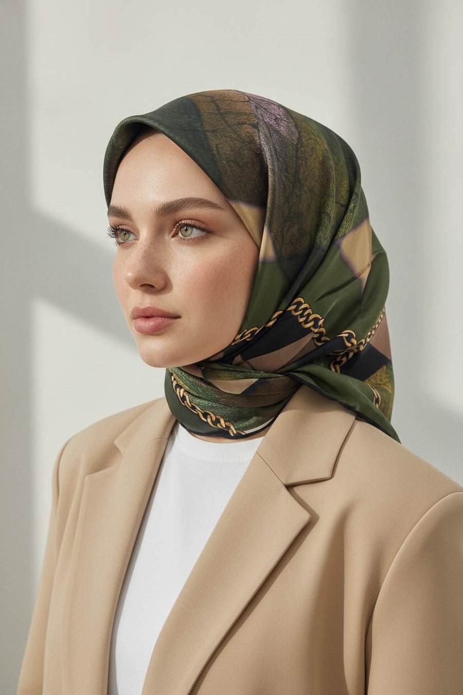 %100 Twill İpek Taş Efekti Desenli Haki - Siyah Renkli 90x90 Eşarp Dikim Şekli : El Dikişi
