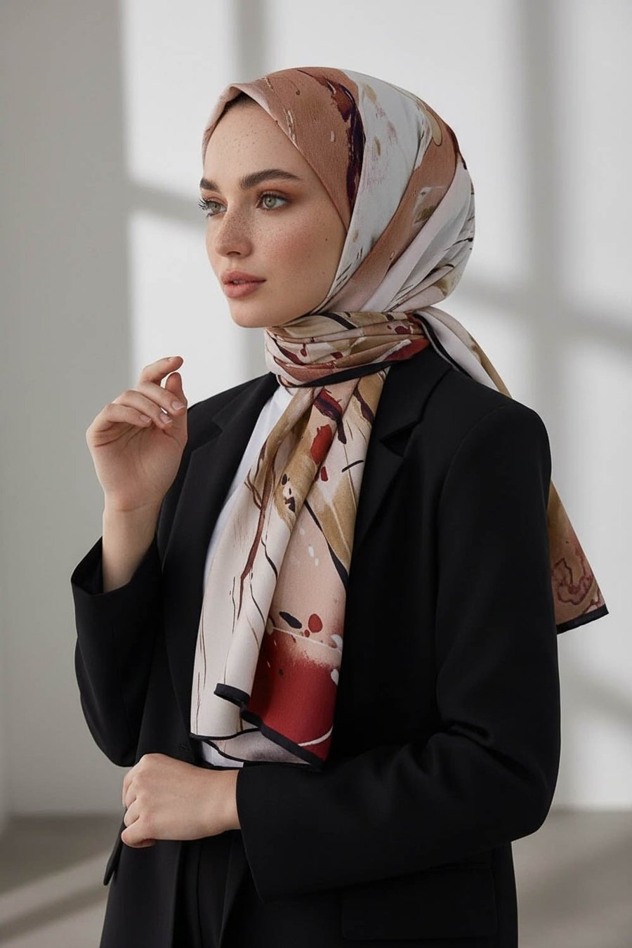 KREP BATİK DESENLİ BEJ - BORDO RENKLİ 75X195 KIRIŞMAZ ŞAL