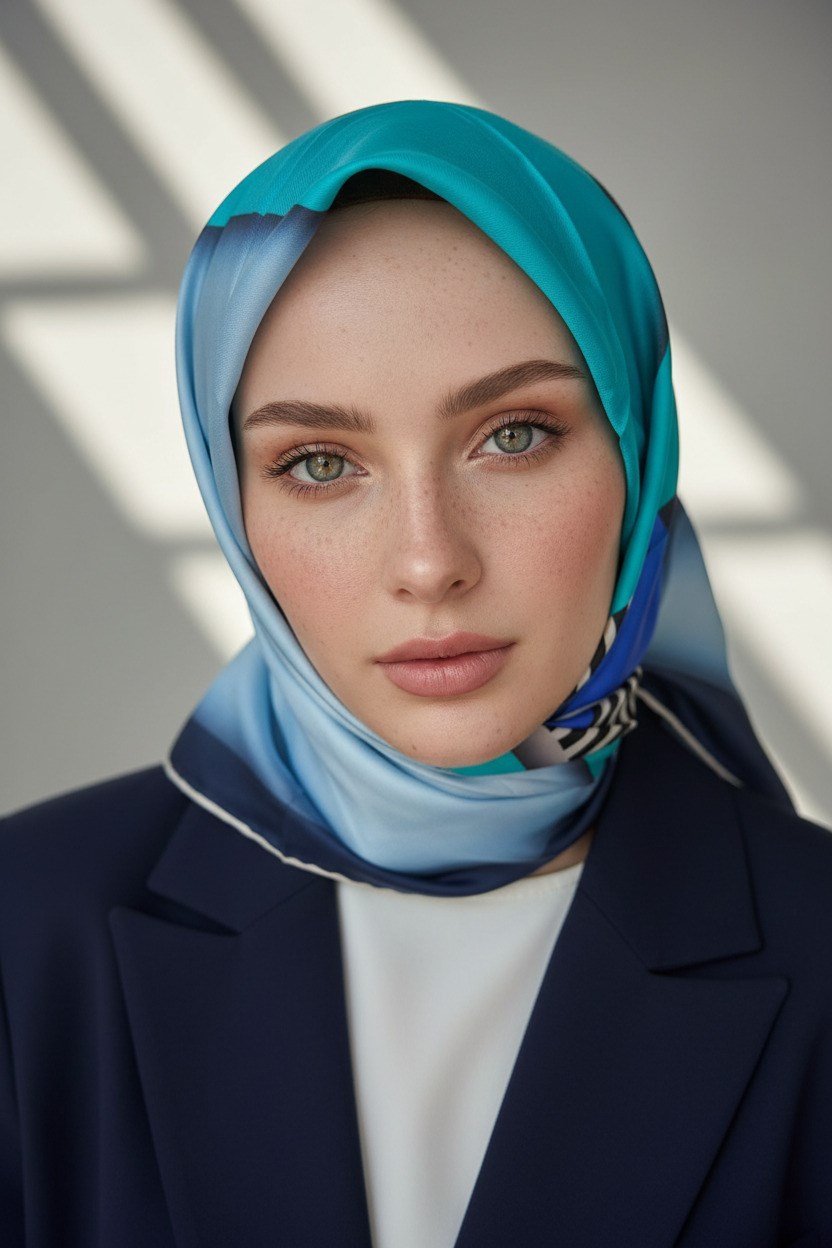 %100 Twill Renk Bloklu Çizgili Desenli Bebe Mavisi - Saks Renkli 90x90 Eşarp Dikim Şekli: El Dikişii