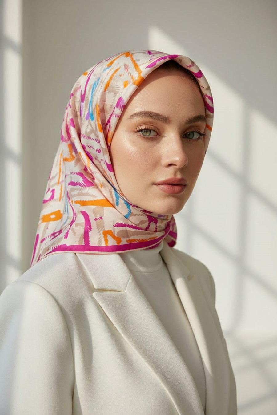%100 Twill İpek Geometrik Desenli Turuncu - Pembe Renkli 90x90 Eşarp Dikim Şekli : El Dikişi