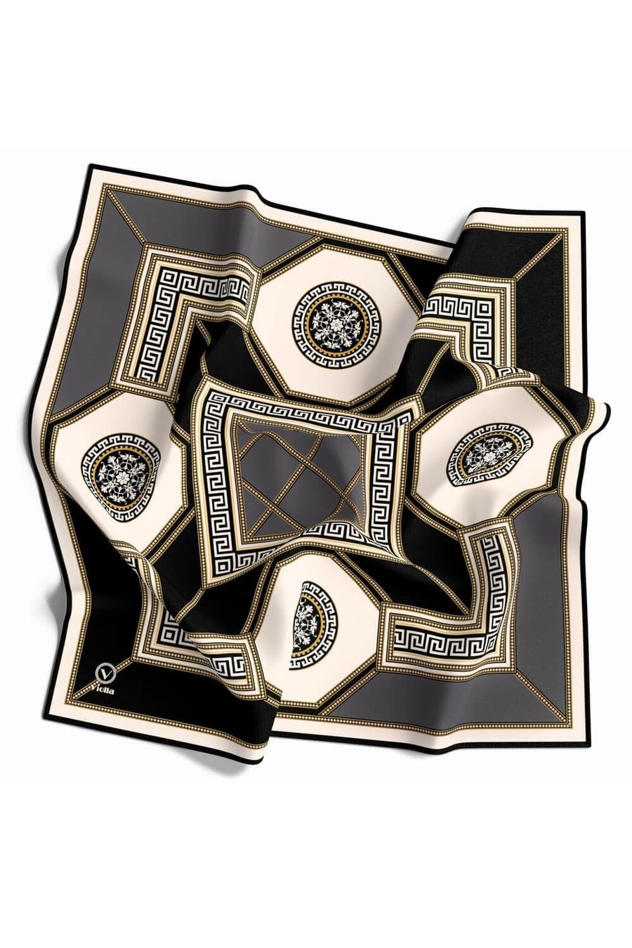 Twill Barok Desenli Gri Renkli 90x90 Eşarp (İpek İçermez) Kenar Dikiş Şekli El Dikişli